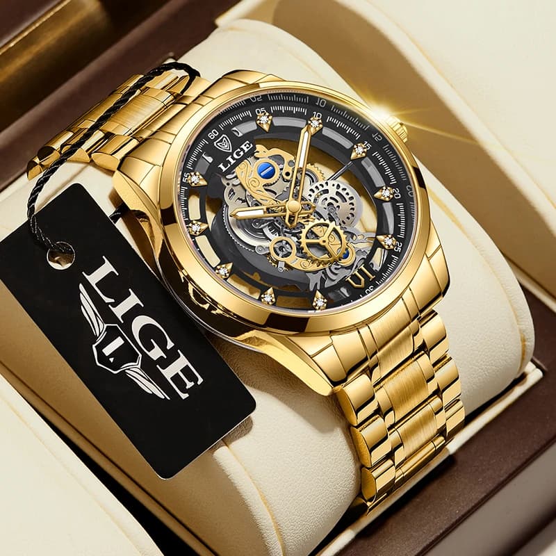 2026 LIGE Men's Watch Skeleton Automatic Quartz Watch Gold skeleton Men's Watch Vintage Watches Men's Top Brand Luxury часы муже