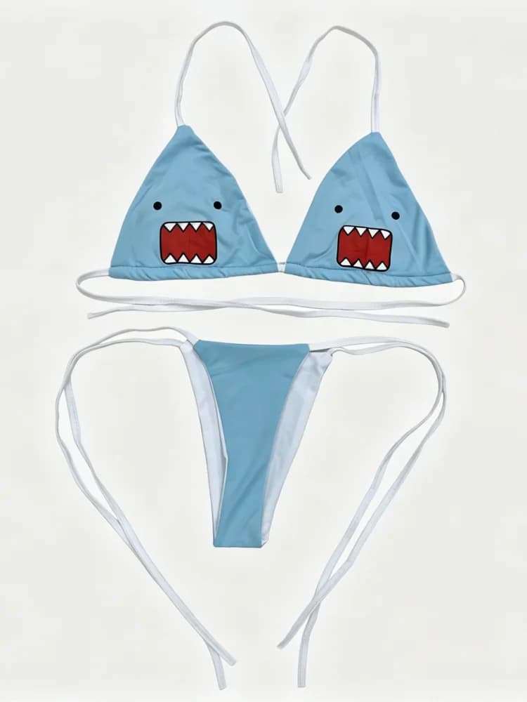 Set bikini Y2K con stampa squalo, costume da bagno a triangolo con laccetti laterali azzurro chiaro da donna
