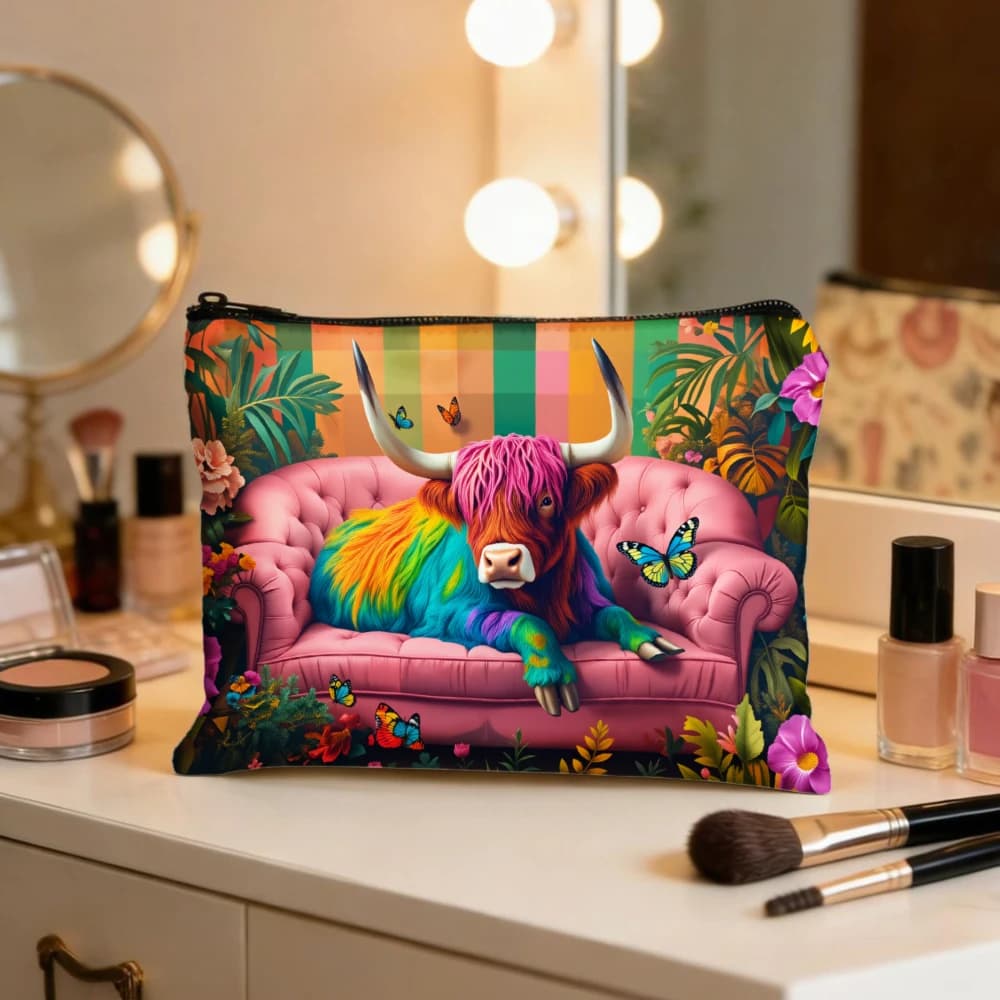 Borsa per il trucco con motivo Toro colorato sul divano e farfalle, per ragazze, pochette per cosmetici, borsa da toilette, astuccio per matite, custodia da viaggio