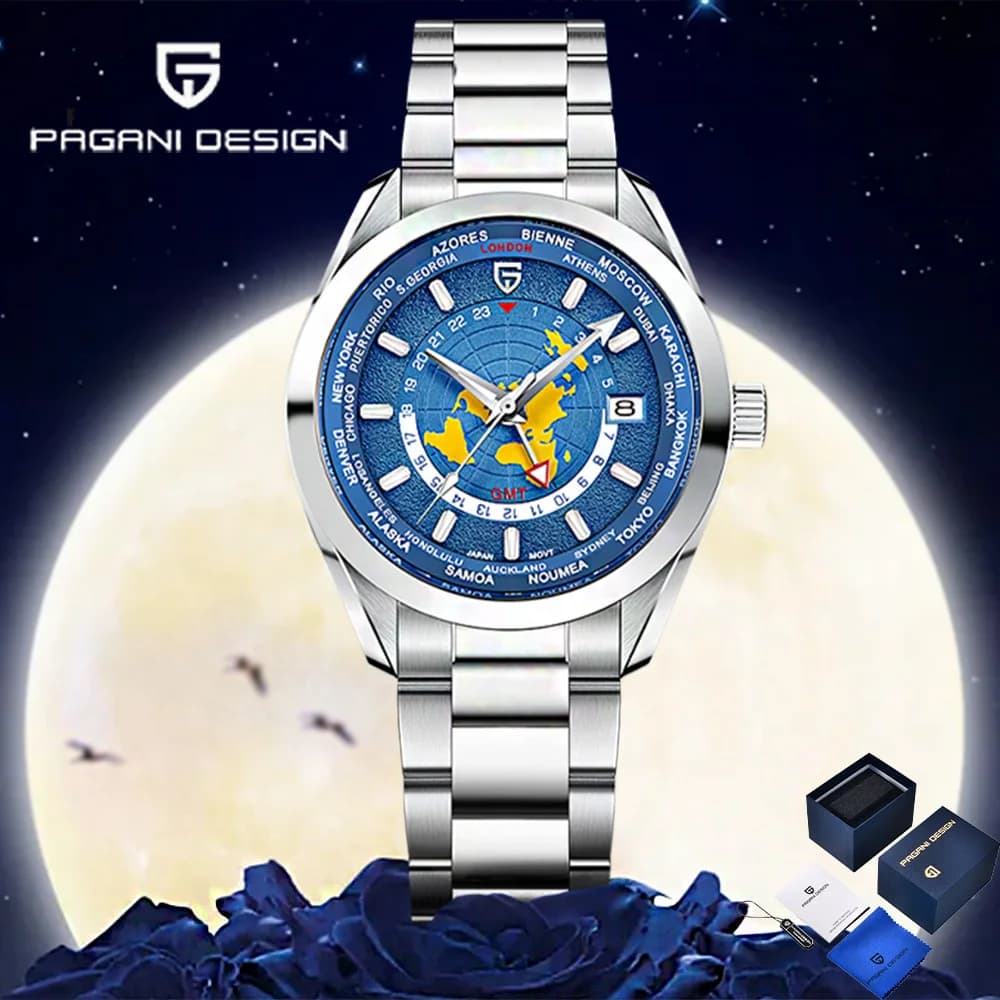 Watches Pagani Design 2026 GMT Area Map, Watches Men's Mechanics Waterproof NH34, Fashion Men's Automatic Watch with Sapphire Glass, Gift Pack