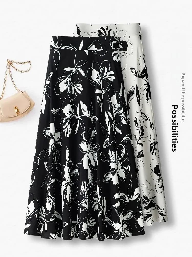 Gonna estiva sottile a vita alta con stampa floreale, gonna a trapezio in chiffon lunghezza midi, elegante e da sogno, stile coreano per il commuting