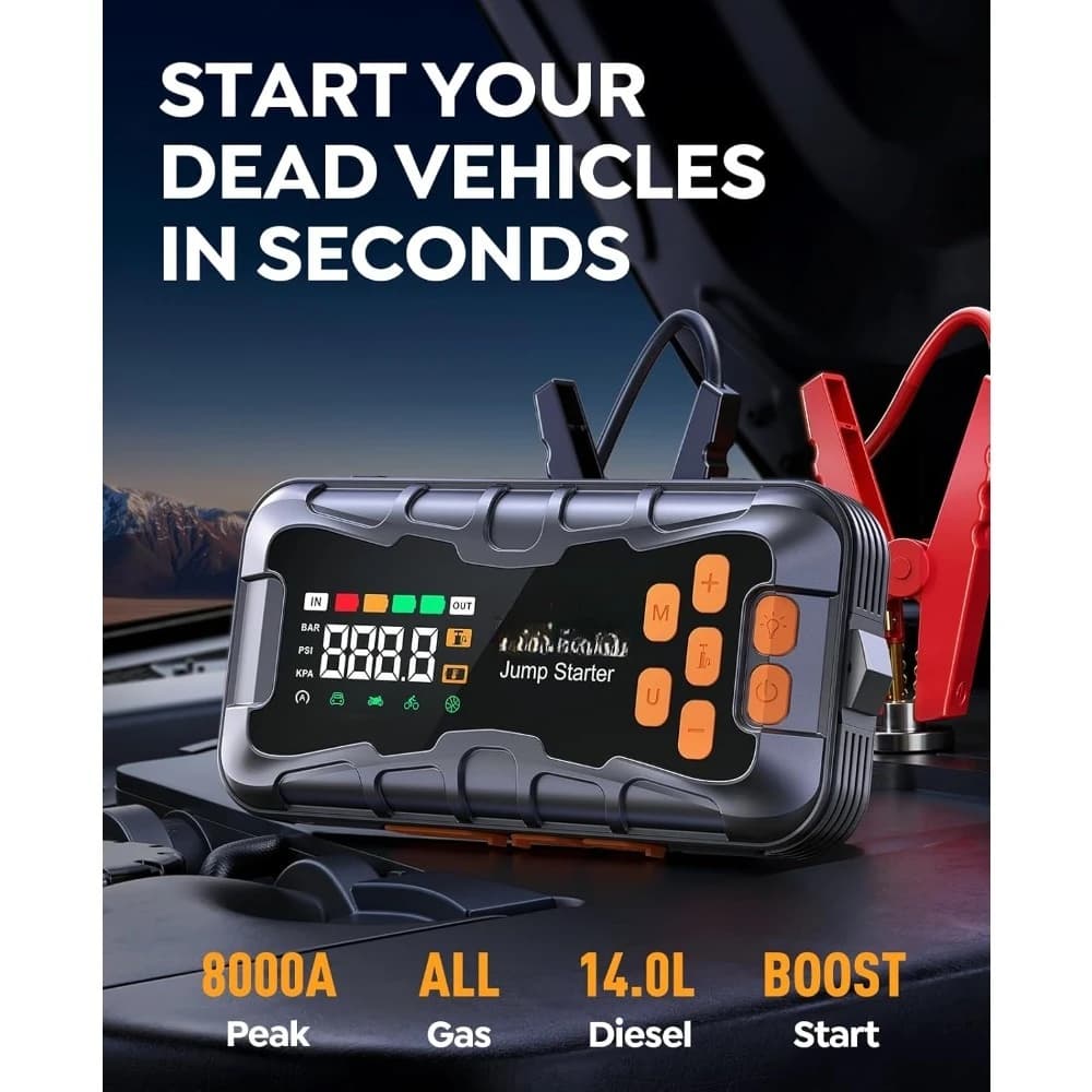 Avviatore di Emergenza 16 in 1 con Compressore d'Aria 8000A 160PSI, Avviatore per Batterie Auto per Tutti i Motori a Benzina e Diesel 14L, Alimentatore Portatile