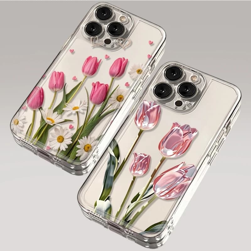 Cover Trasparente Morbida con Motivo Tulipano Estivo per iPhone 17 16 11 13 12 14 15 Pro Max XS XR X 8 7 Plus 17E