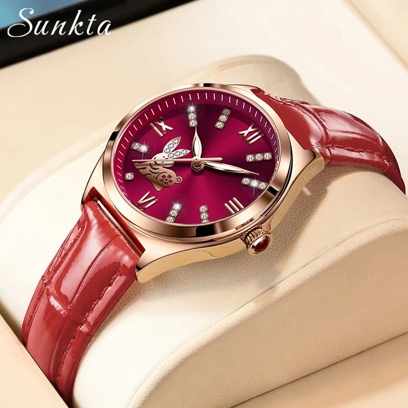 SUNKTA New fashionable red leather women's watch, creative design with diamond zodiac dial, quartz women's wristwatch, Reloj Mujer gift + box