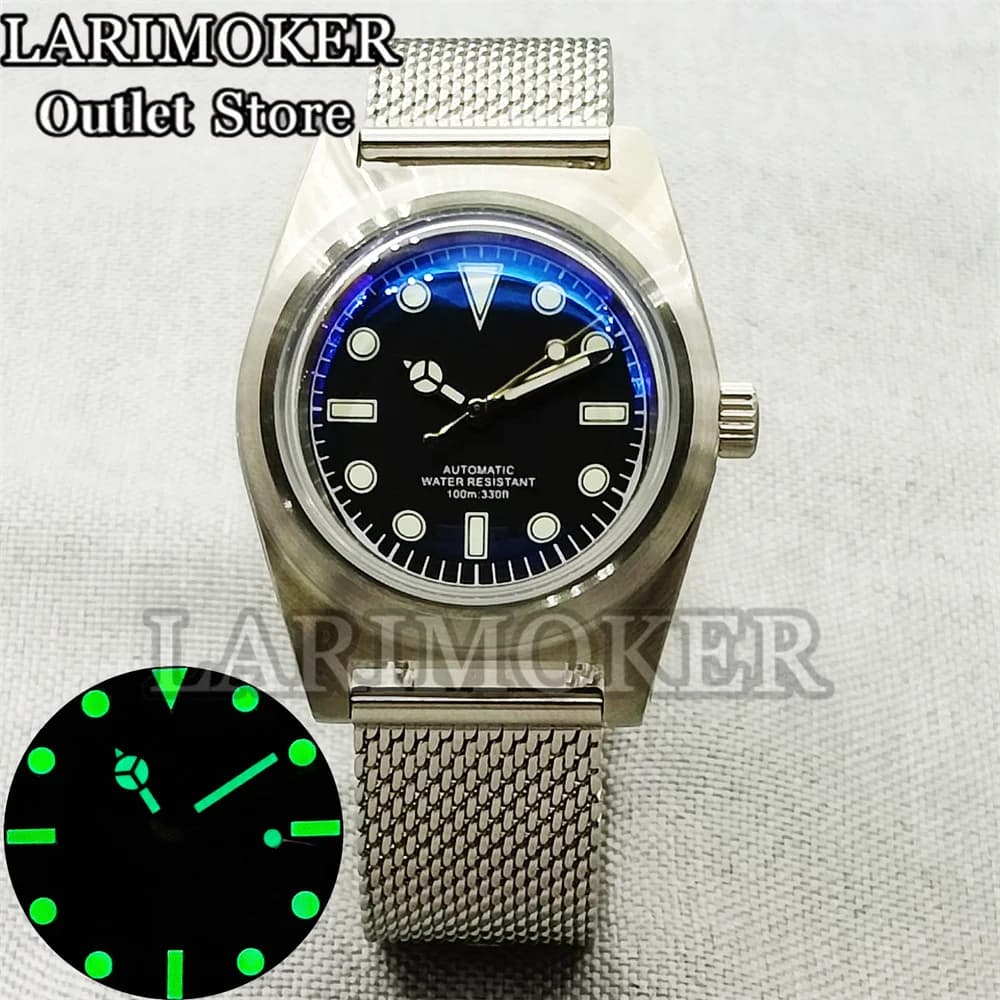 LARIOKER Orologio da uomo 38mm Bracciale in acciaio inossidabile NH35A MIYOTA 8215 PT5000 Movimento con rivestimento AR Vetro bombato Quadrante verde luminoso