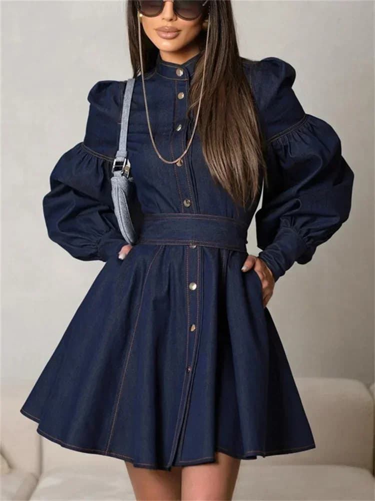 Mini abito in denim con lacci alla moda per donna Patchwork fasciatura a vita alta Jean Streetwear abito casual sottile femminile autunno