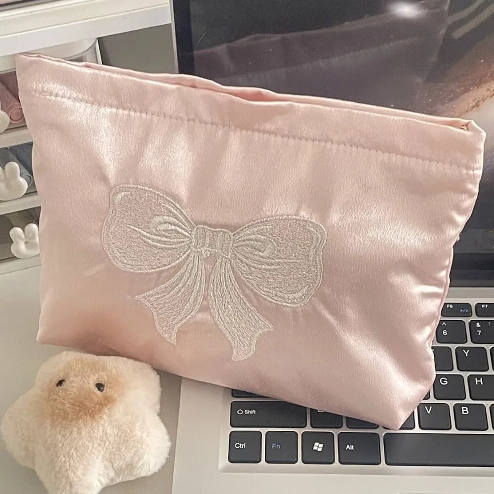 Simpatica borsa per il trucco con fiocco rosa Borsa con cerniera perlata Borsa per articoli da toeletta Borsa per organizer per trucco con ricamo con fiocco da donna
