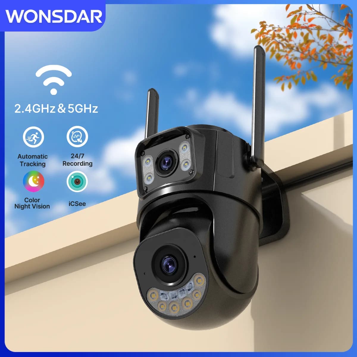 WONSDAR 2.4GHz e 5GHz WiFi PTZ Telecamera Dual Lens Doppio Schermo Protezione di Sicurezza Telecamera IP Smart Night Vision Auto Tracking iCSee