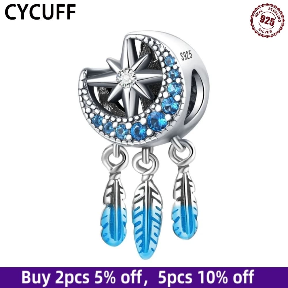CYCUFF 925 Sterling Silver Star Moon Tassel Epoxy Feather Beads Fit Original Bracelet Necklace Charms Diy Jewelry Women Gifts
