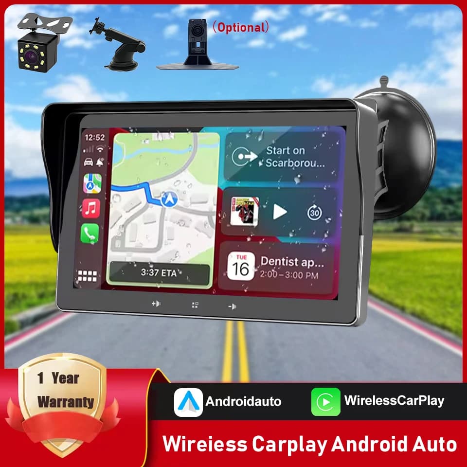 Autoradio portatile da 7 pollici con schermo touchscreen universale, lettore multimediale video, Carplay wireless e Android Auto wireless.