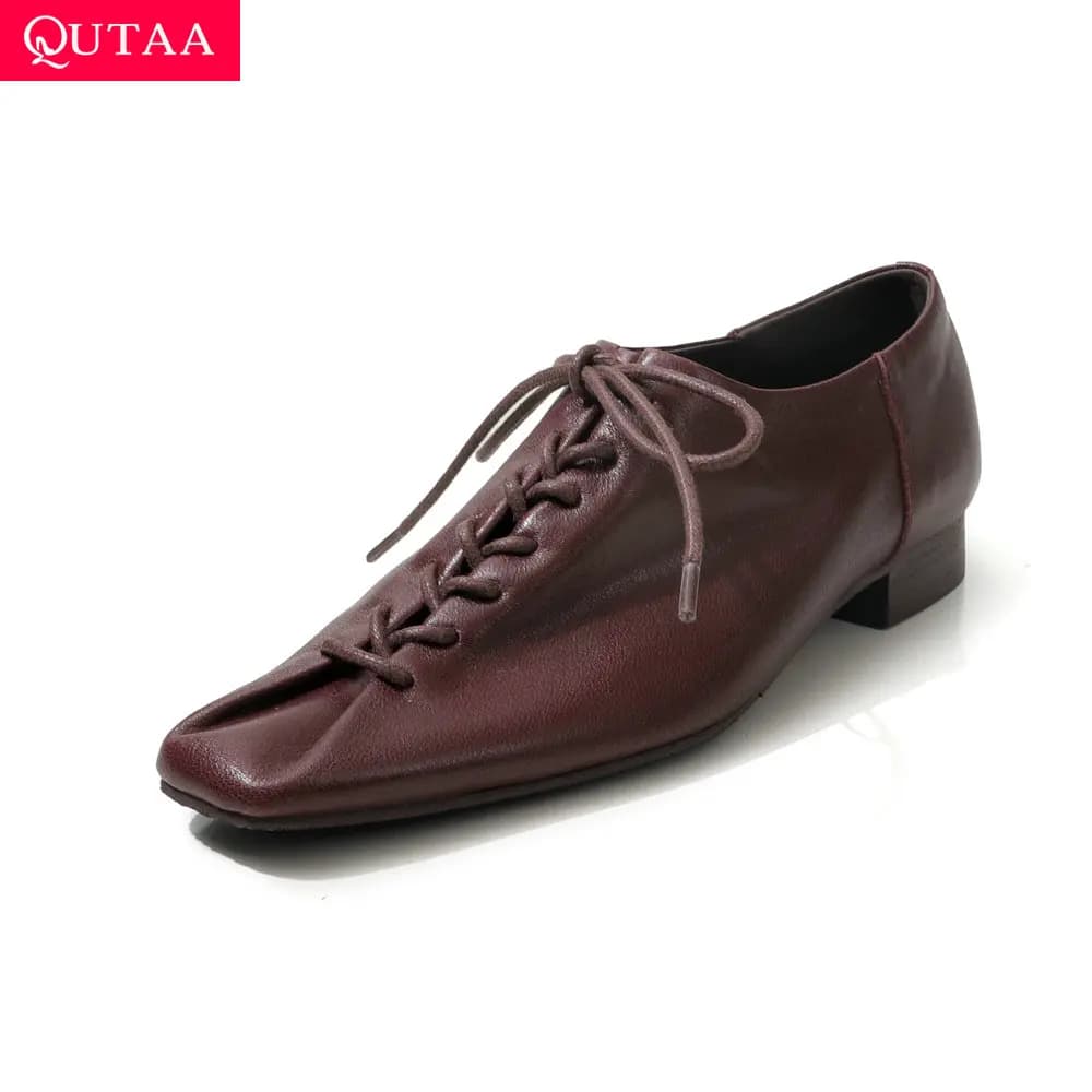 QUTAA 2026 Nuove Scarpe da Donna in Pelle di Vacchetta, Mocassini Primaverili con Lacci, Scarpe Casual con Punta Tonda, Taglie 34-40