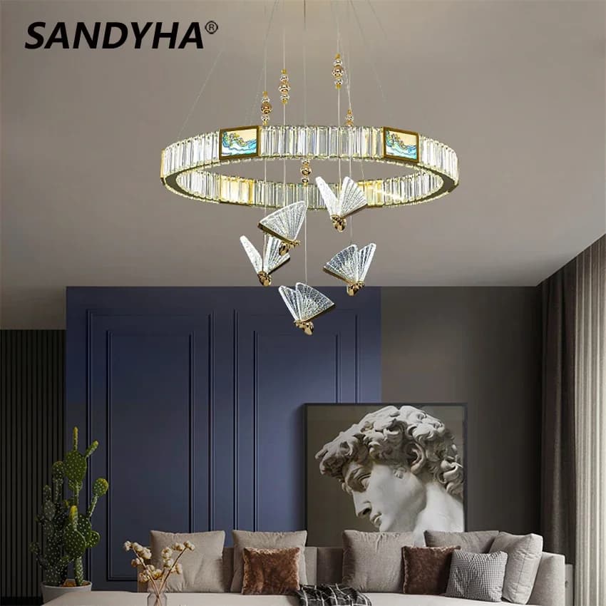 SANDYHA Lampada a sospensione a LED in cristallo con anello a farfalla in stile cinese per soggiorno, sala da pranzo, camera da letto, lampadario