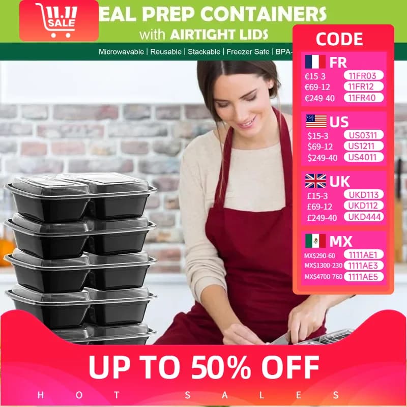 Scatola per il pranzo da asporto da 10 pezzi con coperchio a 2 tascheScatola per il pranzo da viaggioScatola Bento usa e gettaSafe per microonde/lavastoviglie/congelatore