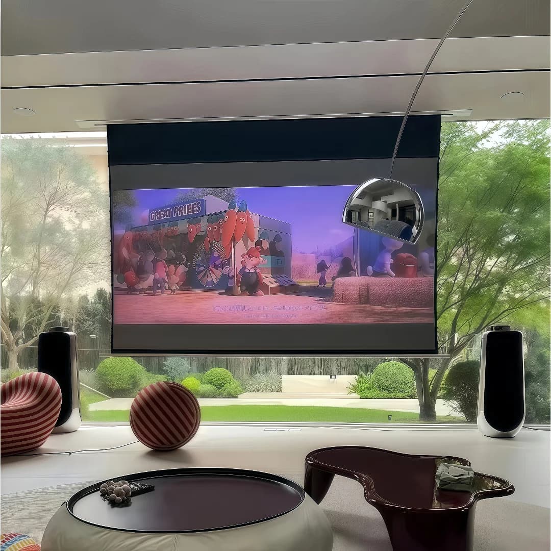 Home Cinema HD da 84-150 pollici 16:9 in schermi per proiettori elettrici a linguetta a soffitto Materiale acustico trasparente 4K