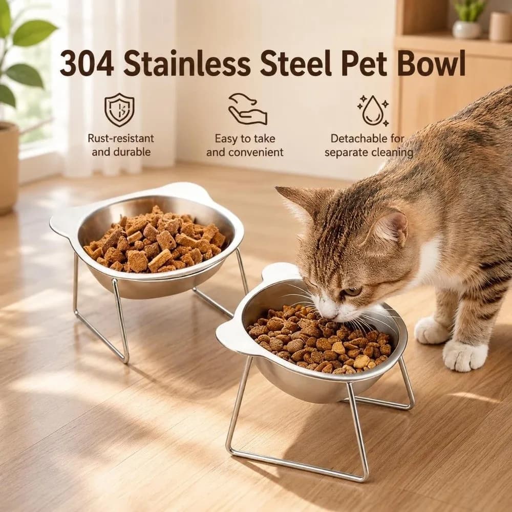 Stainless Steel Raised Cat Bowl 15° Tilted 5.9" Wide Bowl Elevated Pet Bowl Large Capacity Non Slip Base Cat Food Bowl Home Use