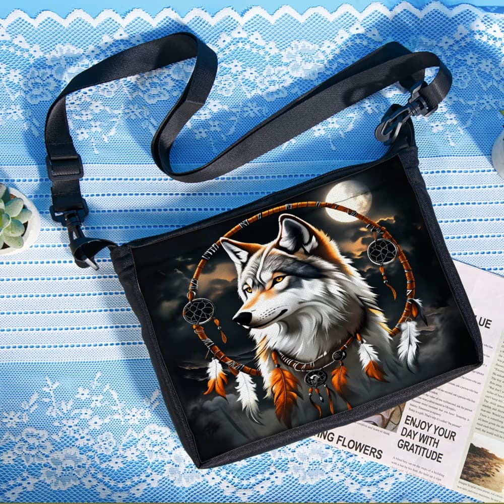 1pc Wolf Dreamcatcher Print Crossbody Bag Black Animal Pattern Shoulder Bags For Women Outdoor Travel Daily Use Fashion Accessor