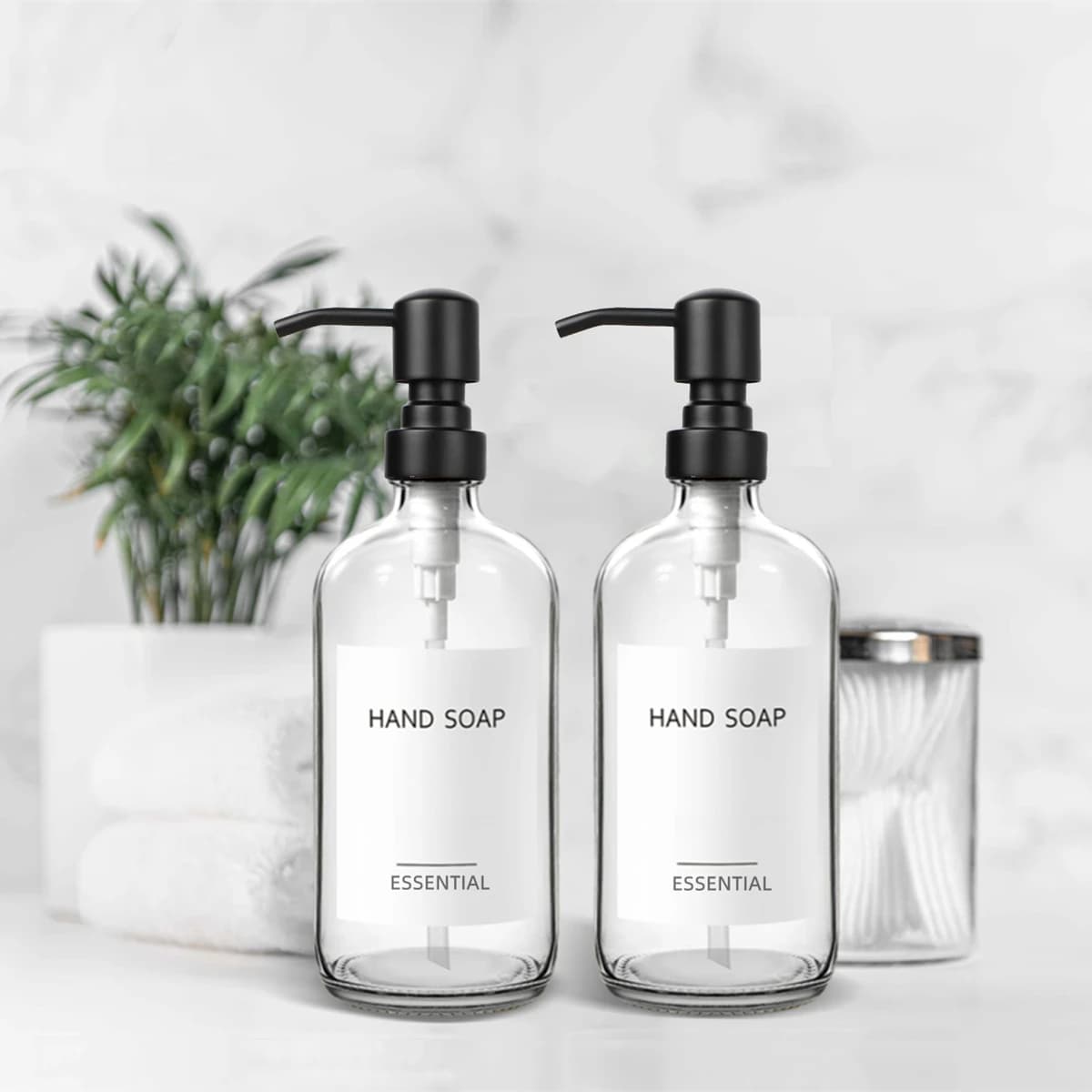 Dispenser di sapone in vetro trasparente per bagno, dispenser di sapone liquido per le mani con pompa in acciaio inossidabile, set di dispenser di sapone per piatti da cucina, 2 pezzi, 500 ml