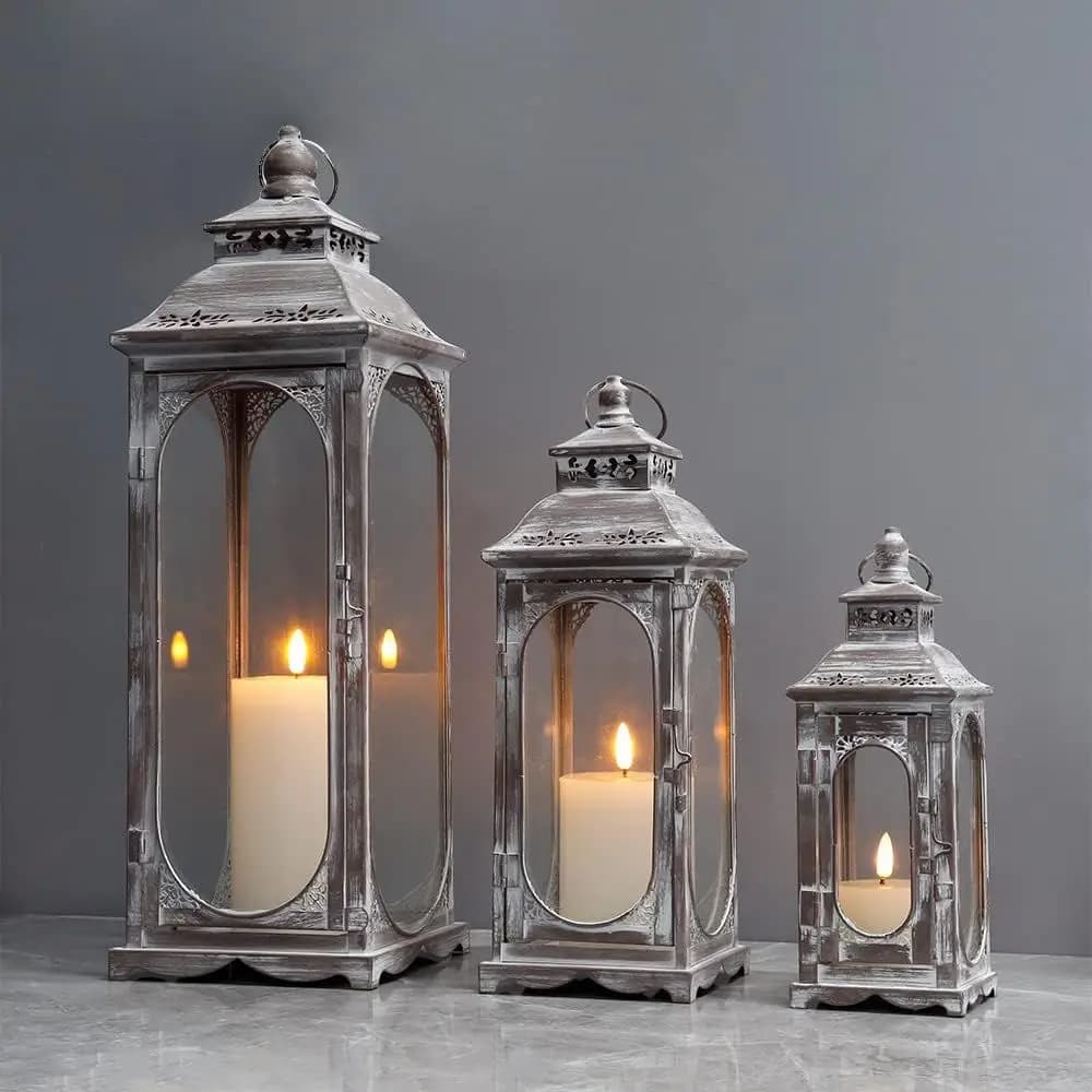 Set di 3 Lanterne Vintage per Candele 10/14/19.5''H, Lanterna Decorativa da Esterno, Portacandele in Metallo con Vetro Temperato per Casa e Soggiorno