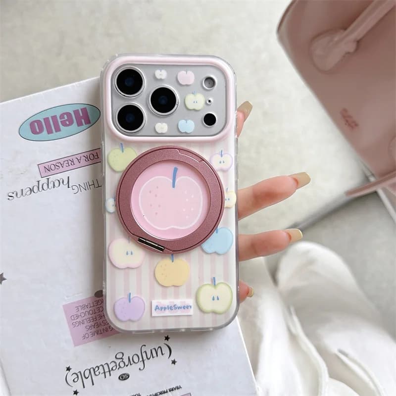 Stampa di mele pastello 360 ° Custodia per telefono con supporto abbinato per iPhone 15 16 17 Pro Max, cover protettiva antiurto stile Kawaii