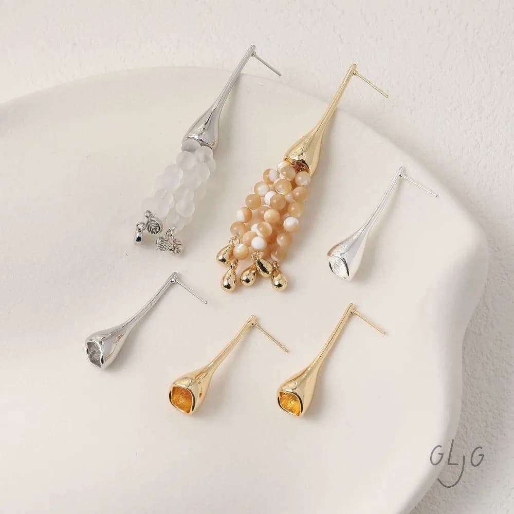 2 pcs button earrings with delicate horn flower for jewelry results making diy accessories handmade brass plated gold 14k 35*10mm