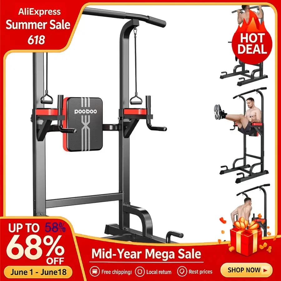 Power Tower Dip Station with Home Fitness Training Bar, 450 Books, Multifunction, Height Adjustable