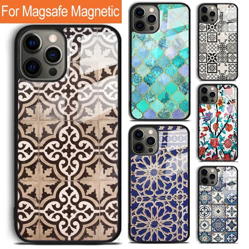 Cover per iPhone 17 Air 16 15 14 12 Pro Max Plus con motivo a piastrelle marocchine, compatibile con ricarica wireless magnetica MagSafe