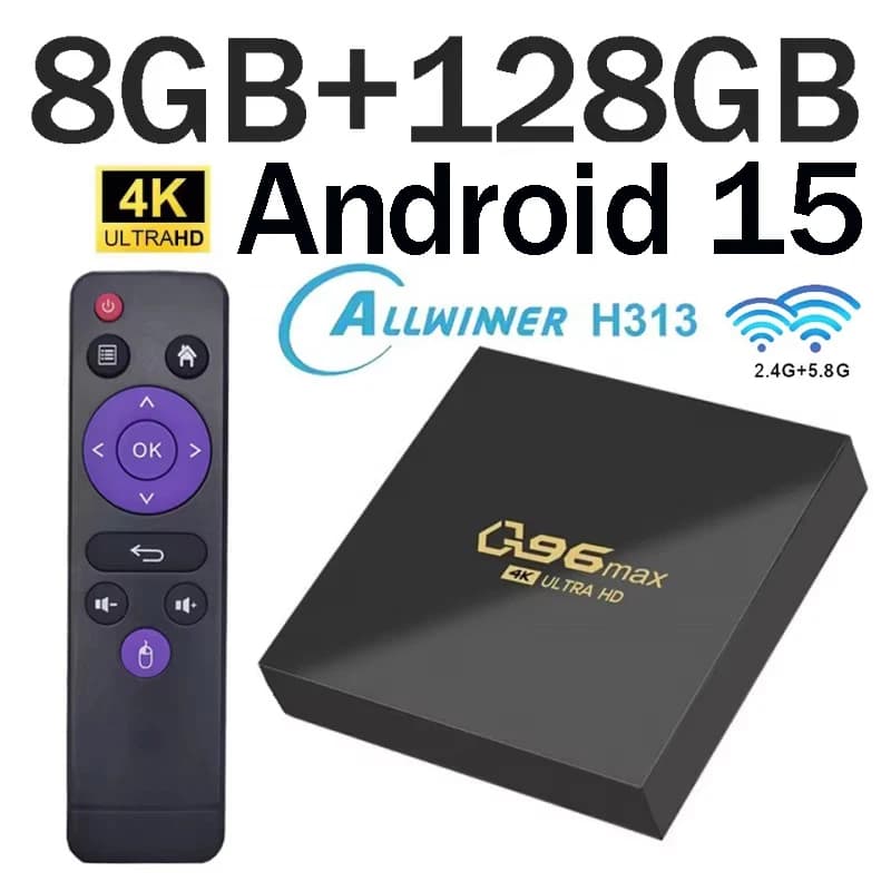 Q96 Max tv box Android 14 Allwinner H313 Quad Core 64 bit HD 4K 3D 8GB 128GB WiFi 4G Lettore multimediale Smart Set Top Box H.265 iptv
