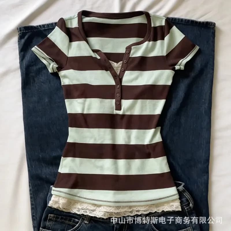 Women's T-Shirts And Polos Casual V Neck Short Sleeve Striped Color Block Lace Trim Fitted Regular Length Women T-Shirt Brown