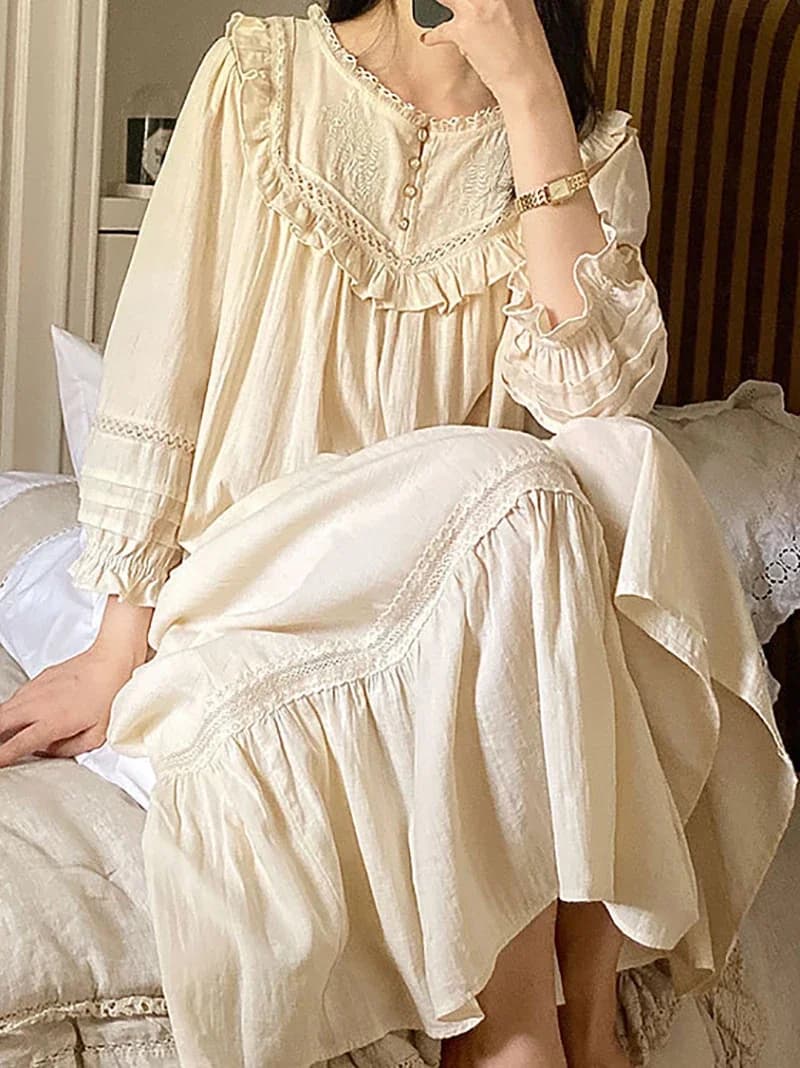 Women's Victorian Nightwear Vintage Night Shirts in Pure Cotton Dress with Volant Night Shirt Long Night Dress Romantic Princess Nightwear