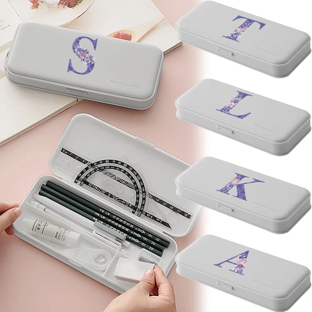 Contenitore per cancelleria in plastica, portatile, per studenti, per matite, righelli, materiale scolastico, motivo floreale viola con lettere