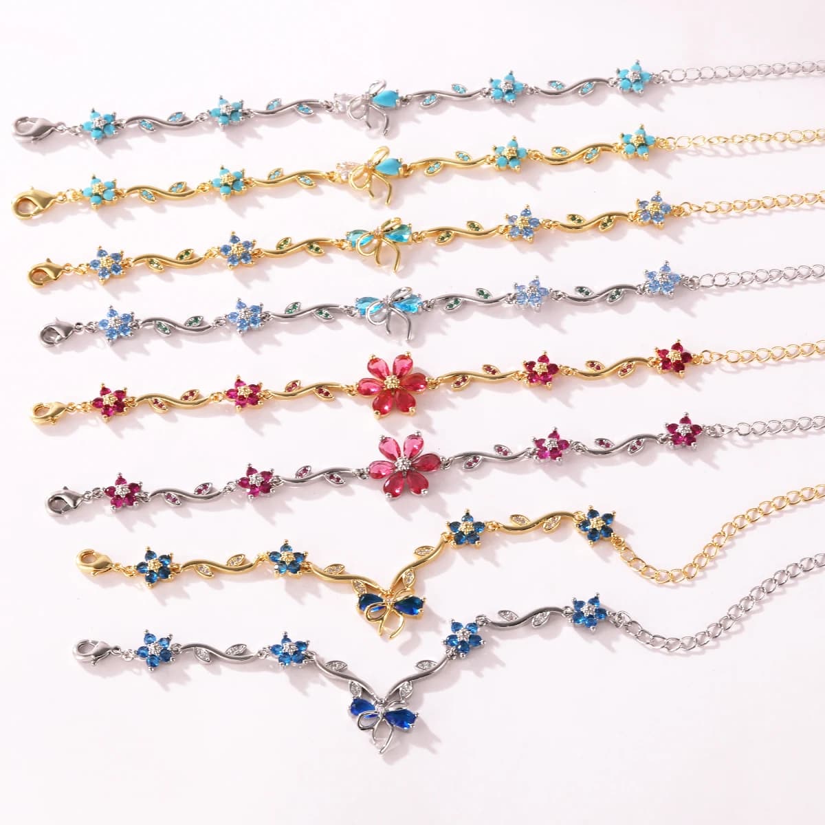 Trendy Multicolor Gemstone Bowknot Flower Bracelet Gold Plated Leaf Vine Chain Bracelet Romantic Wedding Party Jewelry for Women