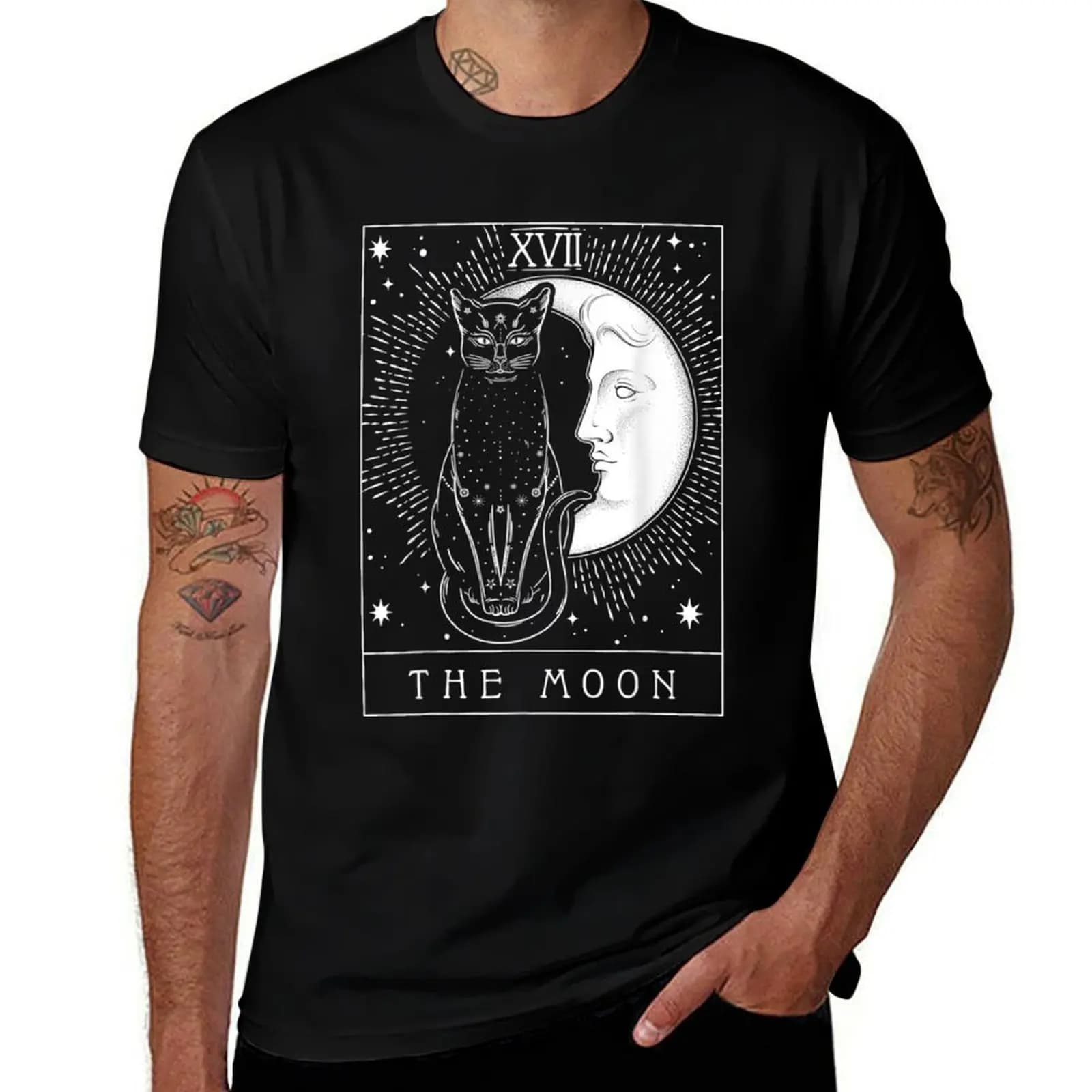 T-shirt con gatto e carta dei tarocchi con grafica a forma di luna crescente, maglietta casual alla moda streetwear