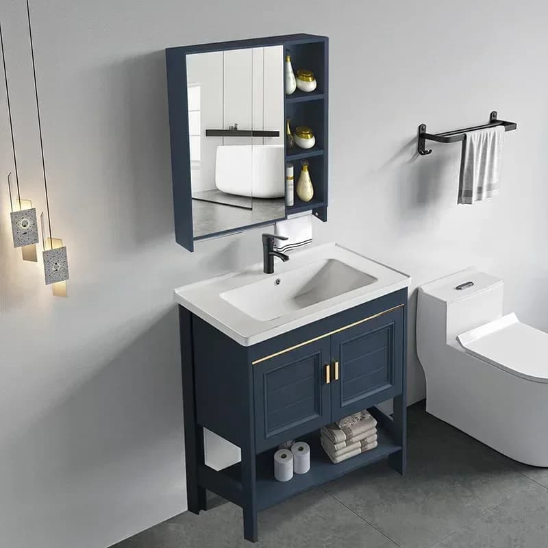 Mobile bagno nordico da terra con lavabo in ceramica, specchio e mobiletto in metallo, per WC e doccia, Arredamento per la casa