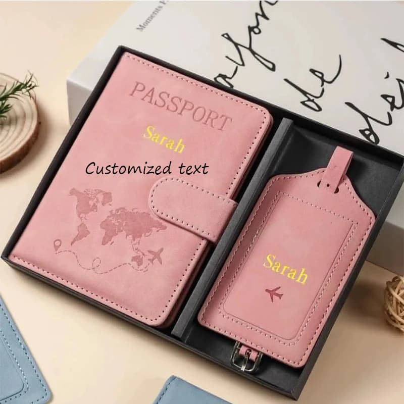 Custom Passport Cover Luggage Tag Set PU Leather Travel Wallet Passport Holder Anti‑theft Document Case Travel Accessories Gift