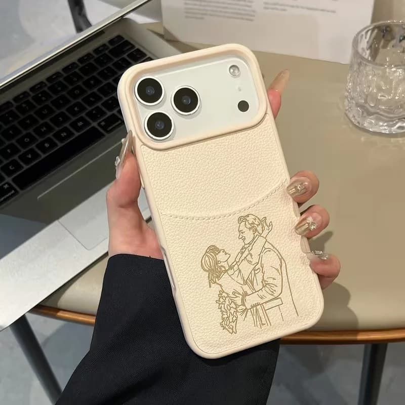 Custom Photo Sketch Lines Laser-Engraved Phone Case For IPhone17 Air 16 15 14 13 12 Pro Max 16Plus Litchi Texture Card Holder