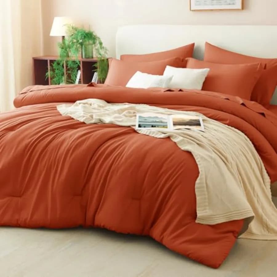 Set Copripiumino 7 Pezzi, Set Completo Letto con Lenzuola, Set Biancheria da Letto Terracotta con Copripiumino Alternativo alla Piuma