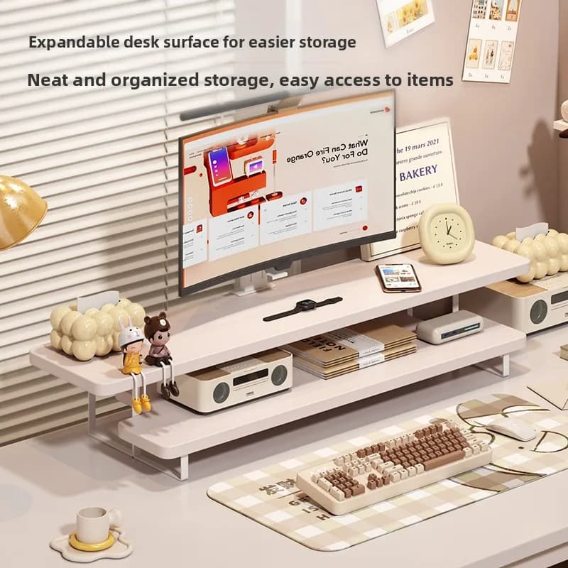 Elegant Office Desk Organizer Stand Computer Monitor Base Support Rack Desktop Keyboard Storage Shelf Multi-layer Wooden Craft