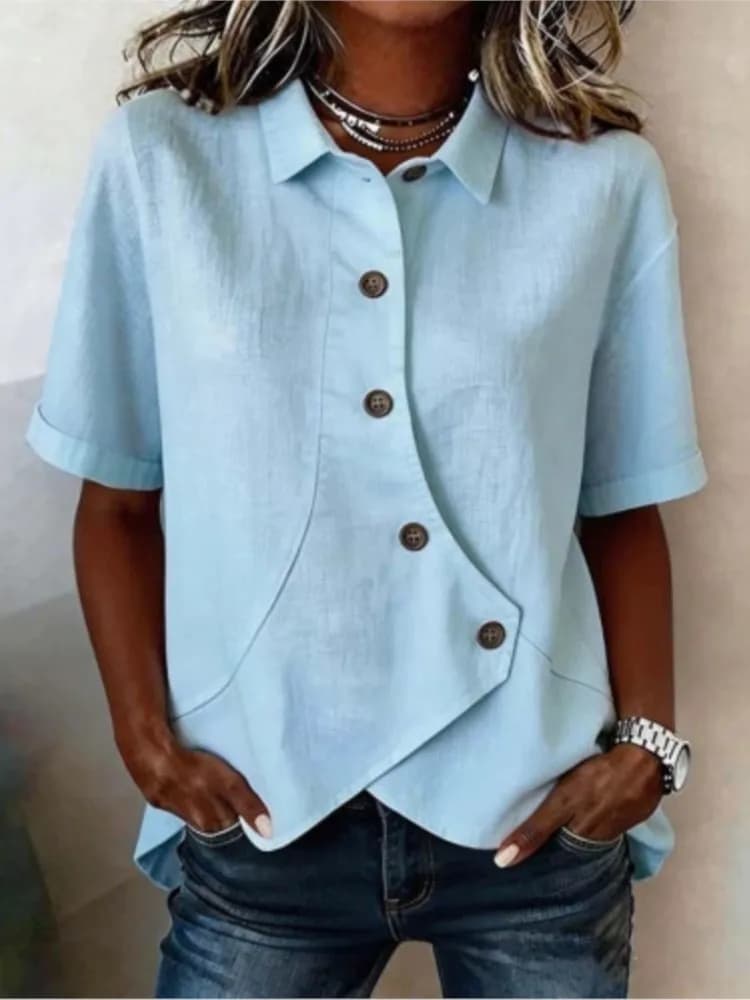 Camicia estiva da donna casual tinta unita con orlo irregolare, top elegante alla moda con bottoni, bianca a maniche corte, per feste e vacanze, top e bluse da donna