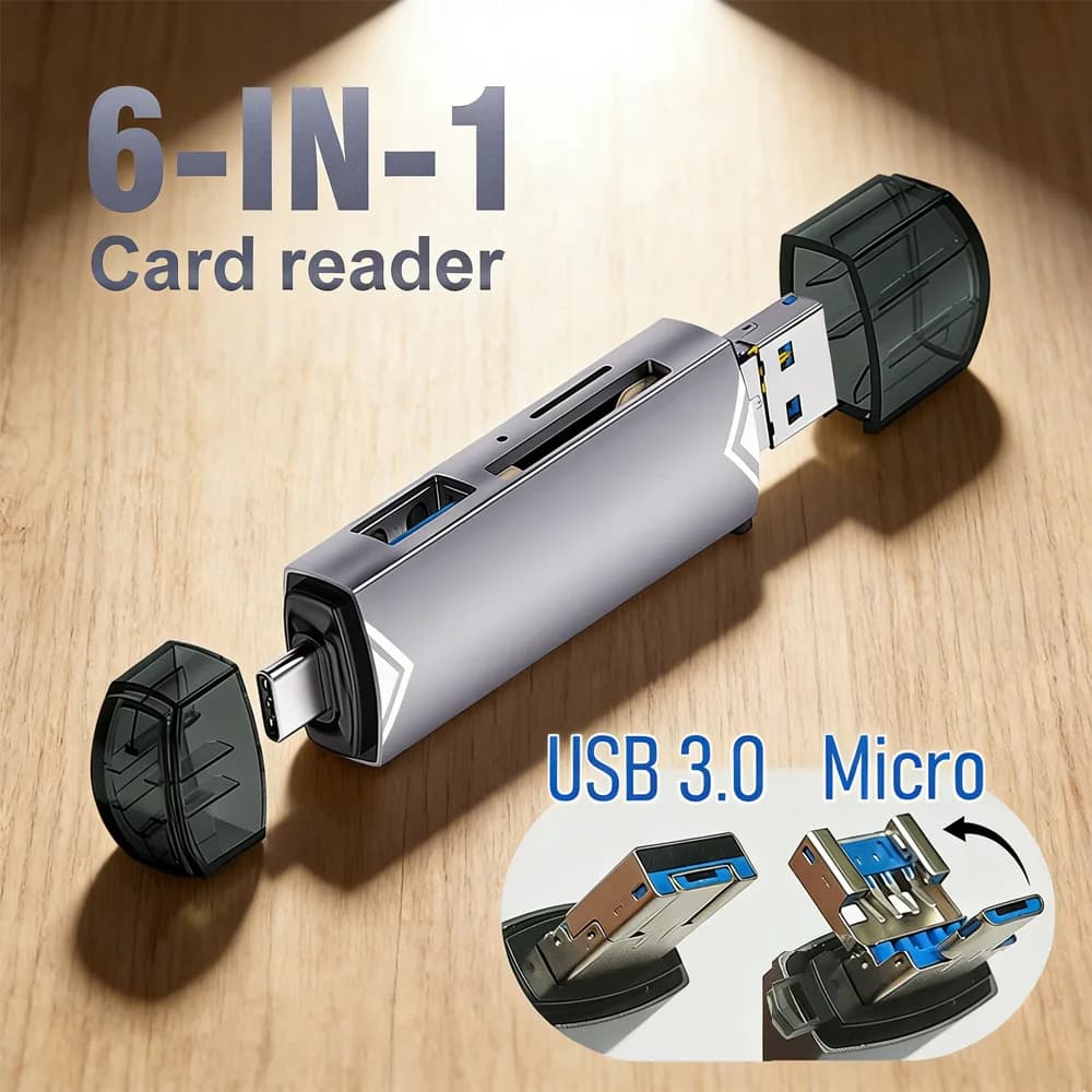 Lettore di schede OTG 6-in-1 (USB 3.0): Adattatore per schede di memoria SD/TF, Lettore universale USB-C per telefono, laptop, fotocamera, PS4, auto