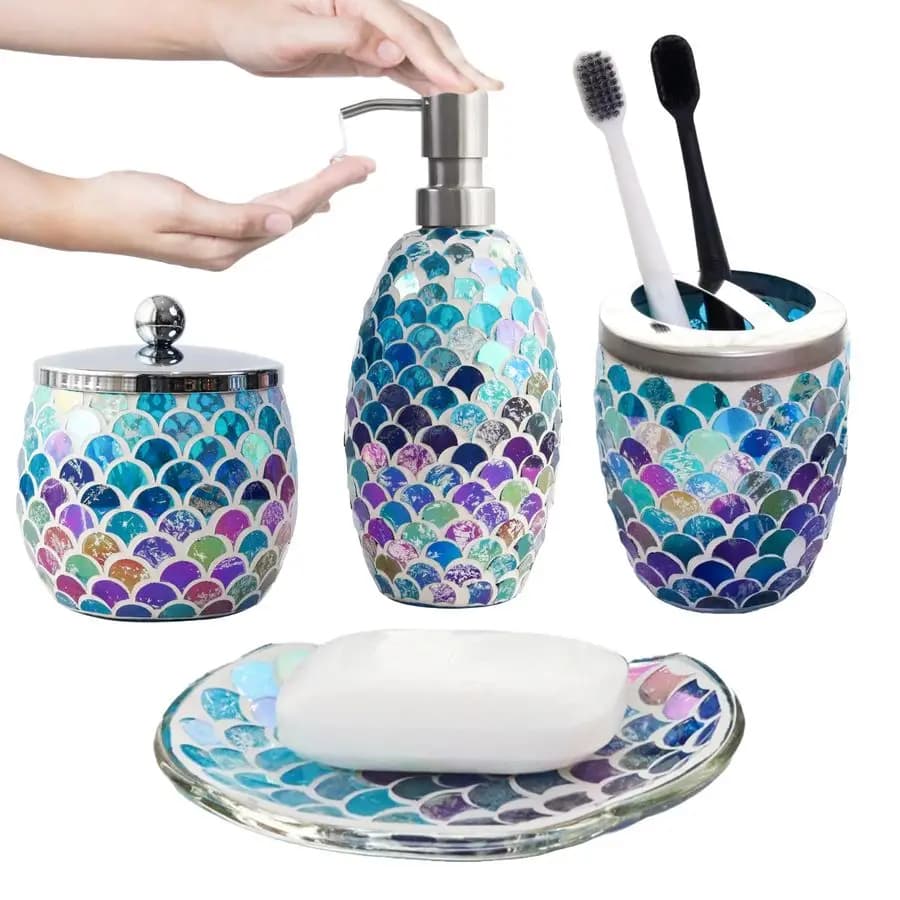 Set di Accessori Bagno a Tema Sirena 4 Pezzi: Dispenser Sapone Lussuoso, Porta Spazzolino, Contenitore per Cotone, Portasapone