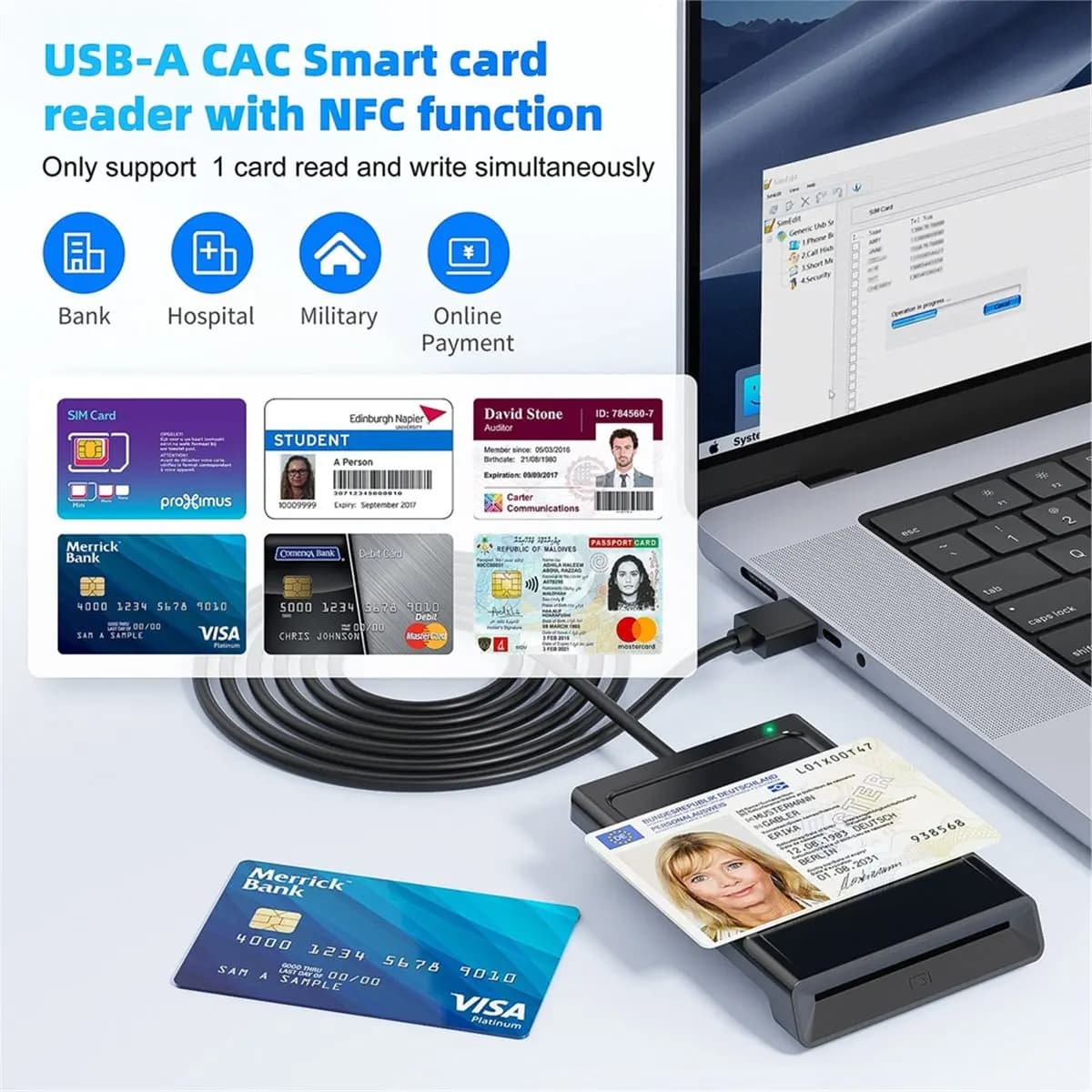 Lettore di Smart Card 2-in-1 Contact + NFC Collegabile al PC, Lettore/Scrittore di Smart Card a Doppia Interfaccia, Lettore di Smart Card Contact PCSC