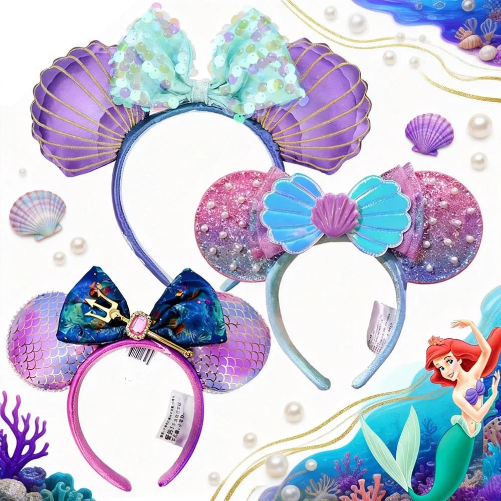 Fasce per capelli Disney Topolino Tema sirenetta Conchiglia marina Archi Fascia per capelli Festa di compleanno Costume cosplay di Halloween per le donne