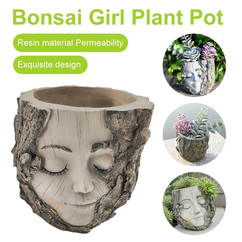 Creative Resin Girl Face Flower Pot Handmade Waterproof Tree Stump Shape Succulent Planter, Cute Human Face Figurine Plant Pot, Home Living Room Tabletop Garden Decor Crafts Ornament Gift