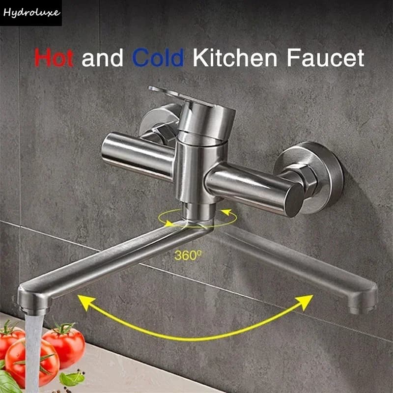 Rubinetto Miscelatore da Cucina a Doppia Maniglia, Montaggio a Parete, per Bagno e Cucina, Acqua Calda e Fredda, Rotazione a 360°, Accessori per Lavello