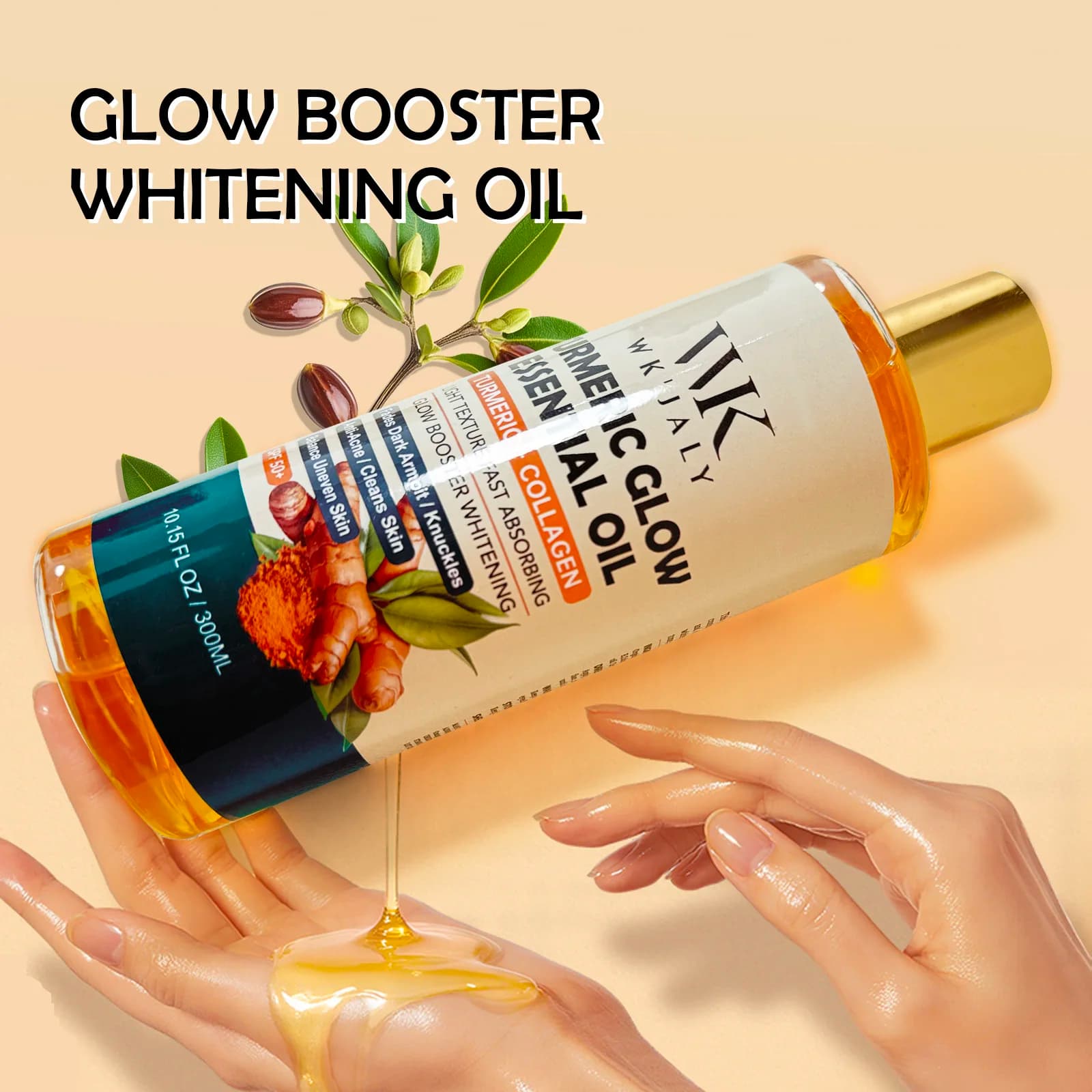 WK JALY Turmeric Brightening Body Oil, Anti Acne, Fade Dark Spots, Even Skin Tone, Moisturizing, Nourish Rough Skin, 500ml
