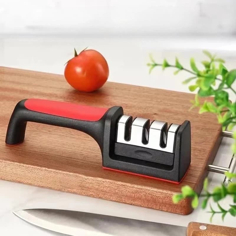 Affilacoltelli da Cucina Multifunzione a 3 Fasi, Affilatore Manuale Veloce a Tre Stadi, Strumento di Affilatura Domestico Nero