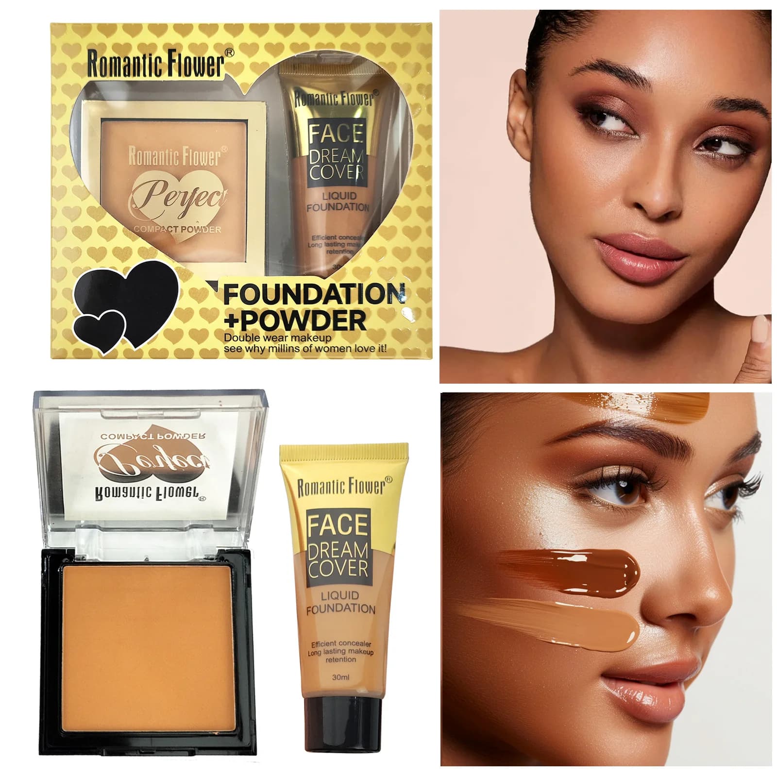 Trucco viso romantico fiore 2 in 1 correttore per fondotinta in polvere e liquido, duraturo e senza trucco, adatto per pelli scure