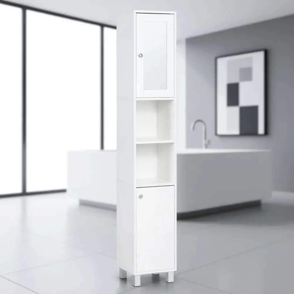 Mobiletto a torre autoportante in legno con specchio, ripiani regolabili per bagno o soggiorno, bianco