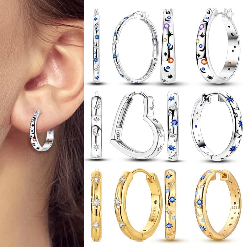 925 Sterling Silver Sparkling Star Hoop Earrings for Women and Girls, Wedding Earrings, Engagement, Fashionable Jewelry Accessories, Gift