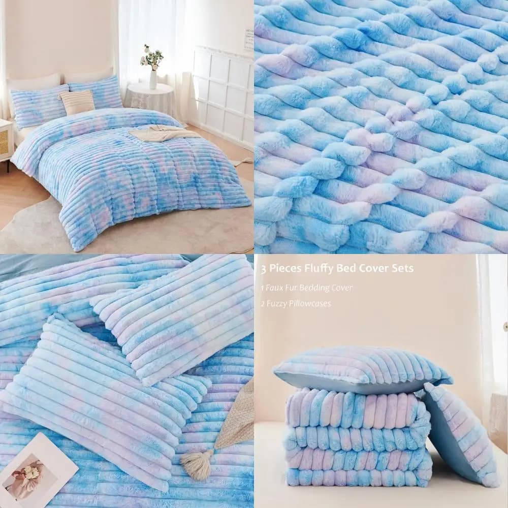 Set copripiumino doppio blu per ragazze: piumino a righe tie-dye in pelliccia sintetica con morbido e soffice biancheria da letto per bambini